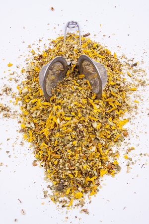 Medicinal herbs perfect for flu on white background.の写真素材