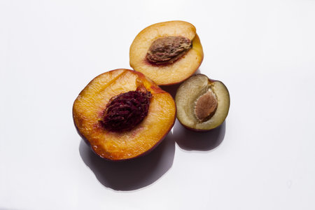 Nectarine, peach and plum on white background.