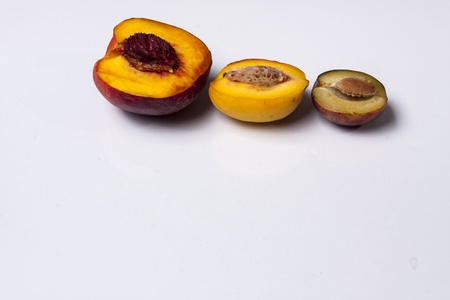 Nectarine, peach and plum on white background.の写真素材