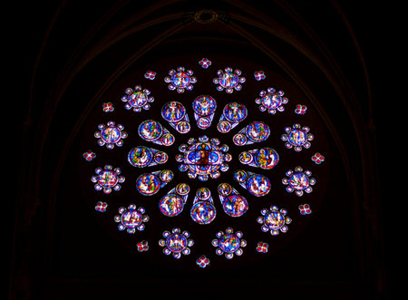 CHARTRES, FRANCE - APRIL 23:old stained-glass windows in Cathedral of Our Lady of Chartres...