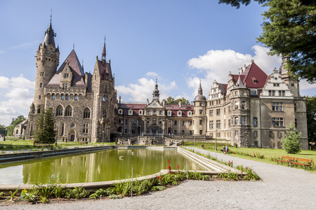 MOSZNA, POLAND - AUGUST 7: The Moszna Castle is a historic castle located in a small village on august 7, 2016 in Moszna. The castle is one of the best known monuments in Upper Silesia.のeditorial素材