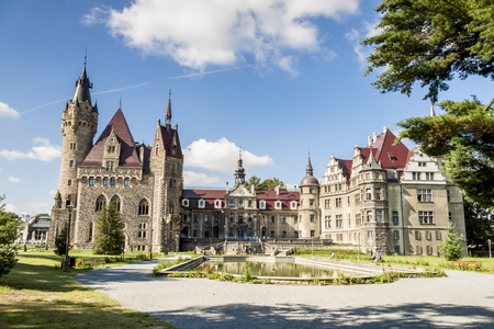 MOSZNA, POLAND - AUGUST 7: The Moszna Castle is a historic castle located in a small village on august 7, 2016 in Moszna. The castle is one of the best known monuments in Upper Silesia.のeditorial素材