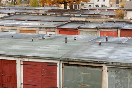 Old garages in line - Poland, Europe.の写真素材