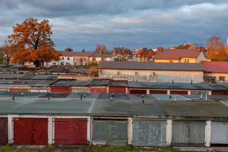 Old garages in line - Poland, Europe.の写真素材