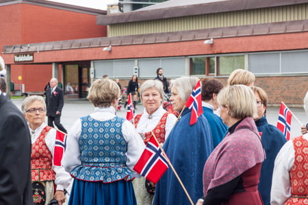 VERDAL, NORWAY - MAY 17, 2017: National day in Norway. Norwegians at traditional celebration and parade  on may 17, 2017 in Verdal. People on parde before school in Verdal. Constitution Day is the National Day of Norway and is an official national holidayのeditorial素材