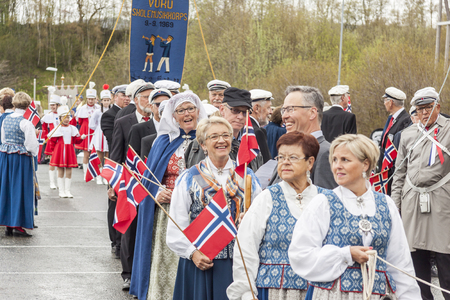 VERDAL, NORWAY - MAY 17, 2017: National day in Norway. Norwegians at traditional celebration and parade  on may 17, 2017 in Verdal. People on parde before school in Verdal. Constitution Day is the National Day of Norway and is an official national holidayのeditorial素材