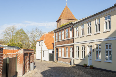 RIBE, DENMARK - MAY 7, 2017: Empty street  of old town on sunny sunday  on may 7, 2017 in Ribe, Denmark.のeditorial素材
