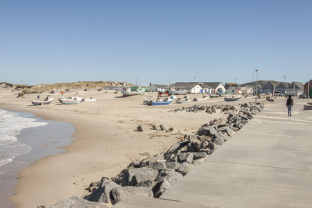 NORRE VORUPOR, DENMARK - MAY 8, 2017: Fishing boats on the beach on may 8, 2017 in Norre Vorupor, Denmark.のeditorial素材
