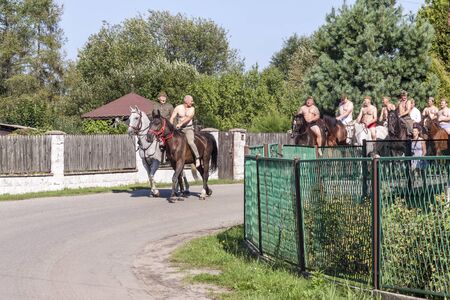Kalety, Poland - August 31, 2019: Historic Third Silesian Uhlan Regiment on horses on august 31, 2019 in Kalety - Zielona, Poland, Silesia.のeditorial素材