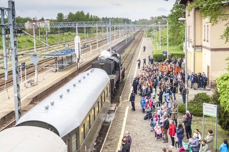 Kalety, Poland - May 13, 2019: Historic steam locomotive type Ty42-107 Kalety train station on may 13, 2019 in Kalety, Poland, Silesia.のeditorial素材