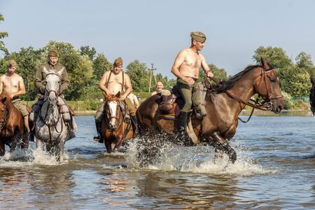 Kalety, Poland - August 31, 2019: Historic Third Silesian Uhlan Regiment on horses on august 31, 2019 in Kalety - Zielona, Poland, Silesia.のeditorial素材