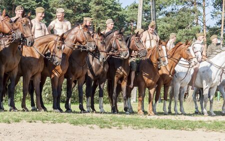 Kalety, Poland - August 31, 2019: Historic Third Silesian Uhlan Regiment on horses on august 31, 2019 in Kalety - Zielona, Poland, Silesia.のeditorial素材