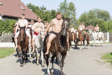 Kalety, Poland - August 31, 2019: Historic Third Silesian Uhlan Regiment on horses on august 31, 2019 in Kalety - Zielona, Poland, Silesia.のeditorial素材