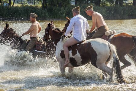 Kalety, Poland - August 31, 2019: Historic Third Silesian Uhlan Regiment on horses on august 31, 2019 in Kalety - Zielona, Poland, Silesia.のeditorial素材
