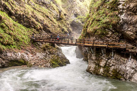 Bled, Slovenia - April 24, 2019: People walking on wooden bridges at Vintagr gorge as the Radovna River flows fast with lush green surrounding nature.のeditorial素材