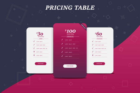 Pricing tables, Comparison table, website site pricing table for digital product, business plan, checklist design template, Vector compare, hosting plan, Product comparison, tariff, Vactor pricingのイラスト素材