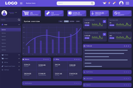 Dashboard user panel Infographic admin panel. Modern presentation with data graphs clean and simple app interface. Vector abstract modern web UI designのイラスト素材