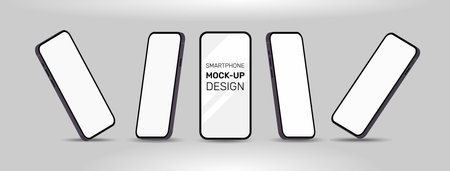 Realistic 3d smartphone mockup for application, game, and web page view. cell mockup for presentation template. touch phone with blank display isolated templates, phone different angles views.のイラスト素材