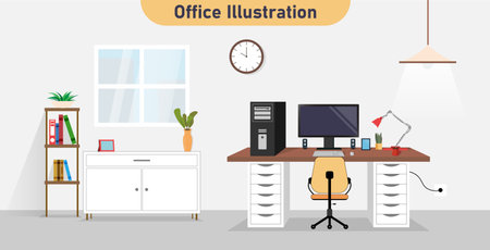 Indoor home office interior. Office workstation furniture interior concept. Vector flat graphic design cartoon illustrationのイラスト素材