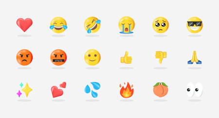 Pack of most use Emoticons, Heart, Laugh, ROLF, Cry, Sad, Angry, Thumb up down, Peach, fire, Sparkles, Most use emoji vector emoticons.のイラスト素材