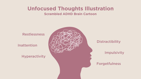 Human head with many Unfocused thoughts, Scrambled ADHD Brain, adult with ADHD and Mental Health syndrome. Attention deficit hyperactivity disorder. Mental health, psychology Vector flat illustration.のイラスト素材
