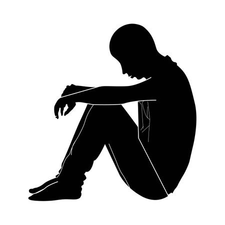 Depressed silhouette of a person sitting on the floor on a white background.のイラスト素材