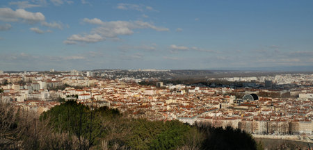 Panoramic view of the city from the hillの写真素材