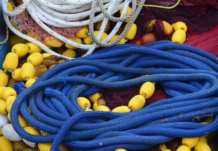 Fishing nets and ropes in a fishing port, detail of fishing equipment