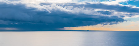 The Mediterranean Sea, bay of Nice, panorama of a storm and a ship in backgroundの写真素材