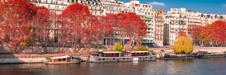 Paris, beautiful buildings, typical facades in autumn, at Bir-Hakeim bridge, avenue de New Yorkの写真素材