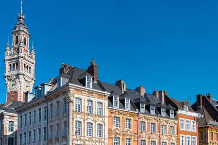 Lille, ancient houses in the center, and the belfry of the Chambre de Commerceのeditorial素材