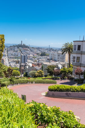 San Francisco, the famous Lombard Street, winding street in Russian Hill, with the Coit tower in backgroundのeditorial素材