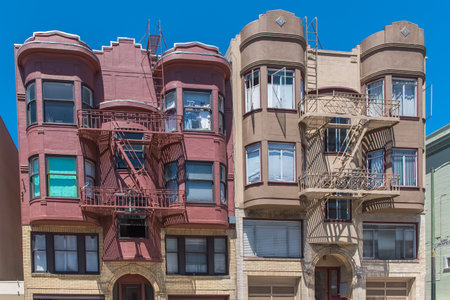 San Francisco, typical colorful houses in Telegraph Hill, sloping streetのeditorial素材