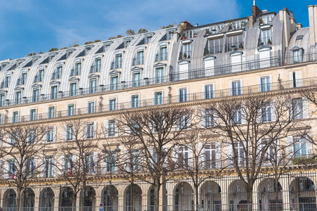 Paris, beautiful building in the center, typical parisian facade, rue de Rivoliのeditorial素材