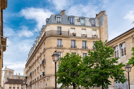 Paris, beautiful building in the center, typical parisian facadeのeditorial素材