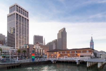 San Francisco, the Embarcadero, downtown at sunset, view from the pier, panoramaのeditorial素材