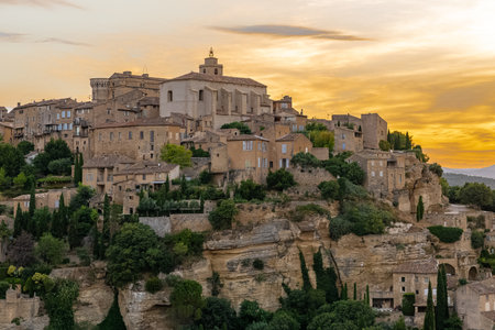 Goult in Provence, beautiful village perched on the mountain, sunriseの写真素材