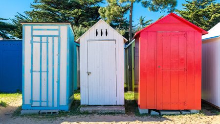 Wooden beach cabins on the Oleron island in France, colorful hutsの写真素材