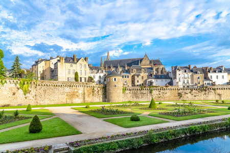 Vannes, old houses in the ramparts garden, with the cathedral in backgroundのeditorial素材
