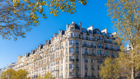 Paris, beautiful buildings avenue de New York, an upscale neighborhood on the quays, with view on the Seineのeditorial素材