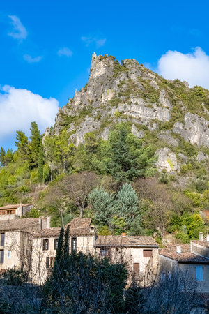 Saint-Guilhem-le-Desert in France, view of the ruins above the villageの写真素材