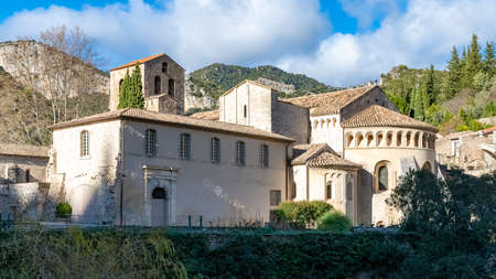 Saint-Guilhem-le-Desert in France, view of the medieval abbeyの写真素材