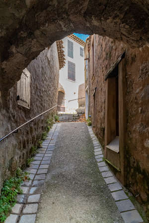 Saint-Guilhem-le-Desert in France, view of the village, typical street and housesの写真素材