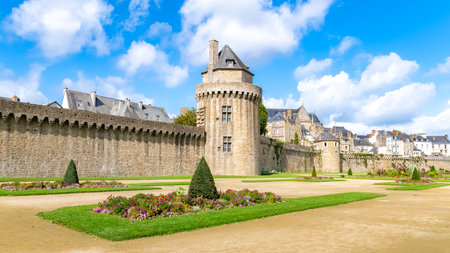 Vannes, medieval city in Brittany, view of the ramparts garden with flowerbedのeditorial素材