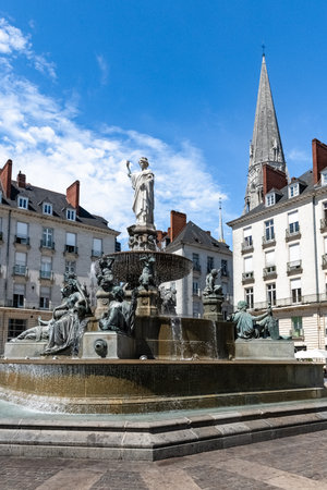 Nantes, beautiful city in France, fountain place Royale, in the historic center, with typical buildings in backgroundのeditorial素材