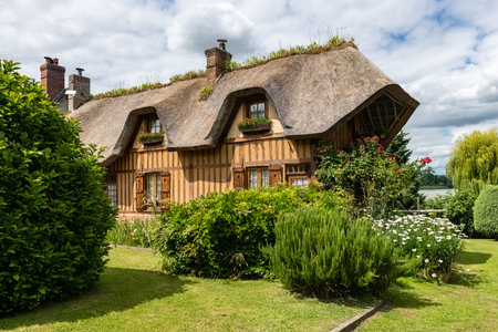 A thatched cottage in Normandy, on the banks of the Seine, beautiful houseのeditorial素材