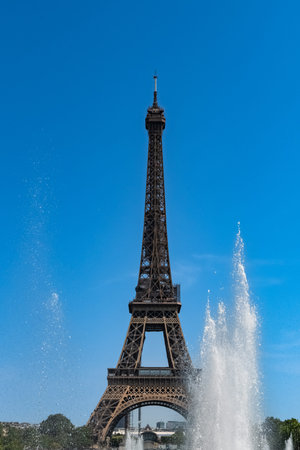 Paris, the Eiffel Tower, beautiful monument in summer, with water jets at Trocaderoの写真素材