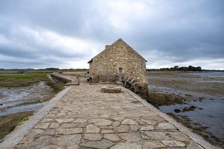 Brittany, Ile dâArz in the Morbihan gulf, the traditional tide mill, after the rain in summerの写真素材