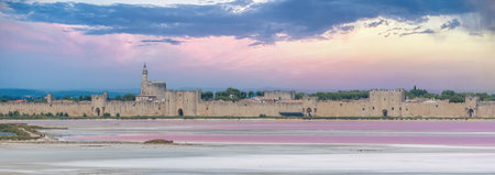 Aigues-Mortes, ancient city in France, Salins du Midi, panorama with pink lakeの写真素材