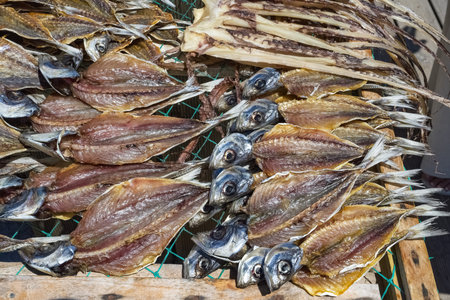 Nazare in Portugal, salted fishes sold on the beach, traditional market stallの写真素材